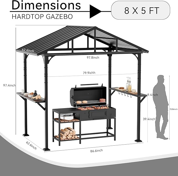 8' x 5' Hardtop Grill Gazebo,Outdoor BBQ Canopy Shelter with 2 Side Shelves and 5 Side Hooks,Patio Pavilion with Galvanized Steel Roof for Patio Lawn Backyard Garden