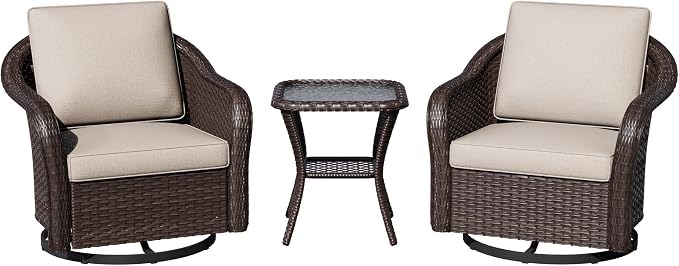 3 Piece Patio Wicker Bistro Set, 2 All-Weather Use Outdoor Wicker Swivel Chairs with PE Rattan Side Table,Ideal for Porch, Backyard, Balcony, Poolside, Beige