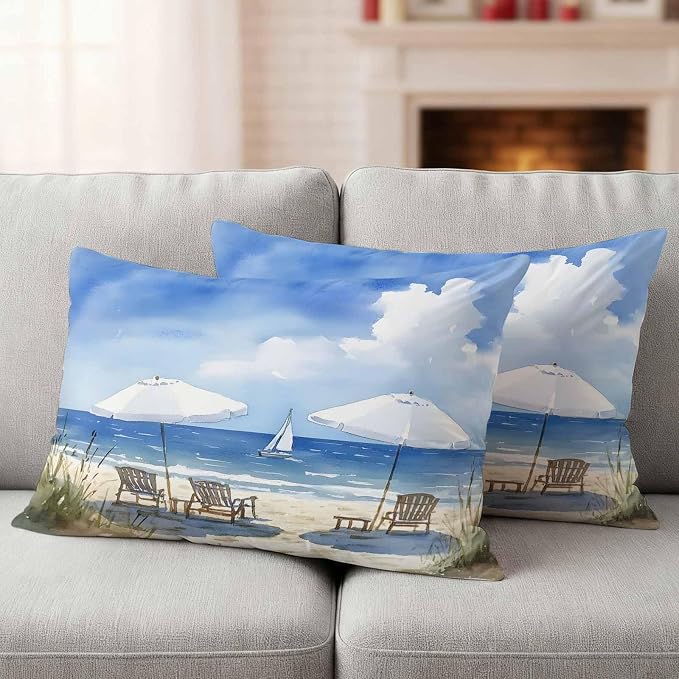 Watercolor Summer Beach Outdoor Waterproof Throw Pillow Covers Set of 2, 20"x12", Sun Umbrella Beach Chair Decorative Pillow Covers Outside Cushion Case for Patio Porch Garden