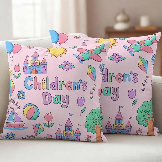 Pack of 2 Children's Day Outdoor Pillow Covers Decorative, Waterproof Pillow Protector, Airplanes Sailing Boats Tree Cartoon Pink Throw Pillowcases Accent Cushion Cases for Patio Couch Sofa 26"x26"