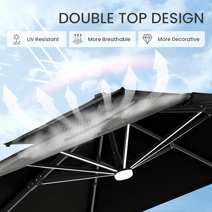 10x10 FT Cantilever Patio Umbrella with Base and Led Lights Double Top Outdoor Square Large Heavy Duty Aluminum Offset Umbrellas with 7 Level Tilt 360-degree Rotation for Pool Garden Deck, Black
