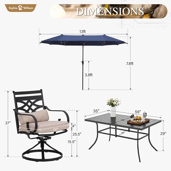 Sophia & William Patio Dining Set, Steel, 13ft Umbrella Navy | Swivel Chairs, E-Coated, Cushions Included, For Patio, Garden and Yard