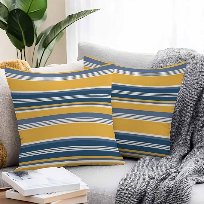 Outdoor Waterproof Throw Pillow Covers Set of 2 Blue Yellow Stripes Lines Pillowcases 18x18 Inches Classic Striped Decorative Pillows Cushion Case Patio Pillows for Couch Bed Chair Garden