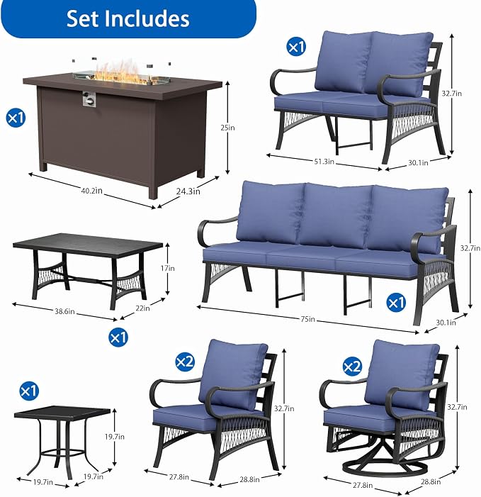 9 Piece Patio Furniture Set with 50000 BTU Propane Fire Pit Table, All Weather Outdoor Conversation Set with 2 Swivel Chairs, Sofa and Thick Cushions for Garden, Porch, Lawn, Blue