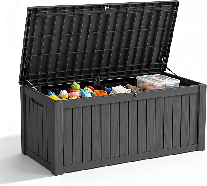 Outdoor Storage Box, 150 Gallon Waterproof Deck Box [Upgraded 3.0], Piston-Assisted Resin Trunk for Sectional Sofa Cushions, High-Capacity Lockable Double Storage Bench, Patio Lounge, Black