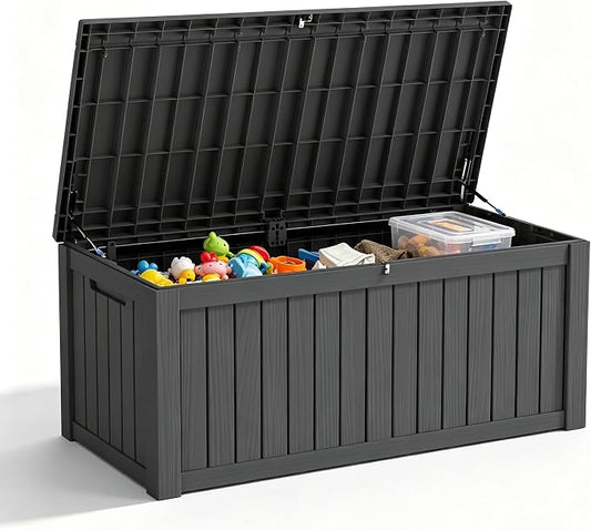 Outdoor Storage Box, 150 Gallon Waterproof Deck Box [Upgraded 3.0], Piston-Assisted Resin Trunk for Sectional Sofa Cushions, High-Capacity Lockable Double Storage Bench, Patio Lounge, Black
