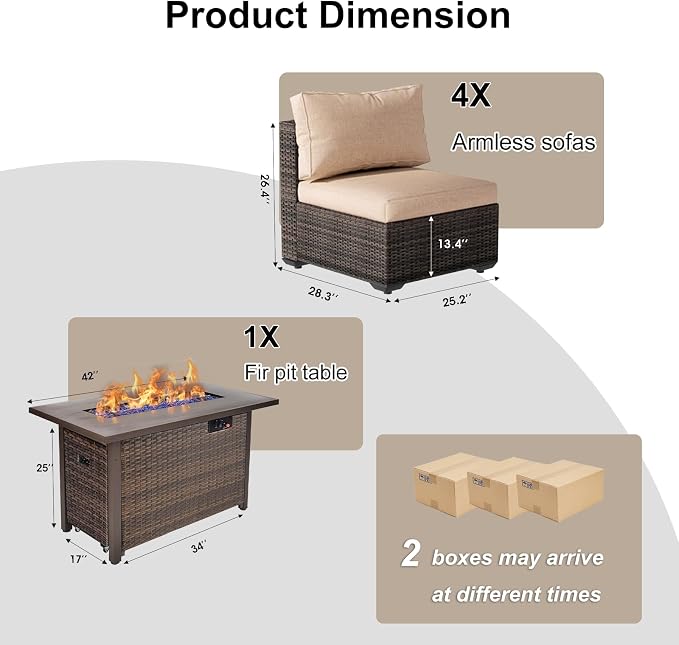 5 Pieces Patio Furniture Set with 44" Fire Pit Table, Rattan Outdoor Sectional Conversation Sets, All Weather Outdoor Furniture Set with Cushions for Garden Lawn Balcony Porch Deck, Khaki
