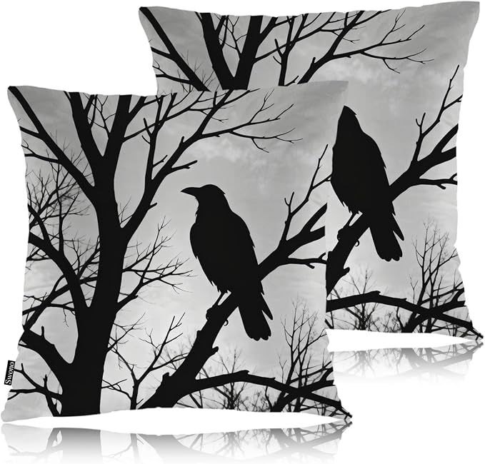 Swono Raven Pack of 2 Throw Pillow Cases, Wild Bird Black Ravens On Tree Branch Cozy Pillow Cover Square 18"X18" Cushion Case Set Pillowcase Decorative for Home Sofa Bedroom Car Office