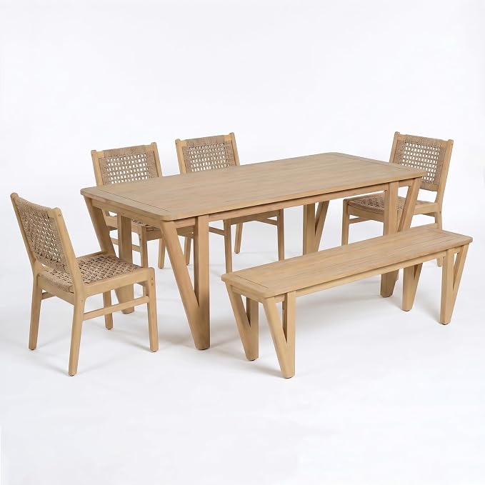 Christopher Knight Home Della Acacia Wood Dining Table Set for 6, 6 Piece Outdoor Dining Set with 70.75" Dinner Table, Bench and Armless Chairs, Patio Furniture Set for Dinner,Light Teak+Light Brown