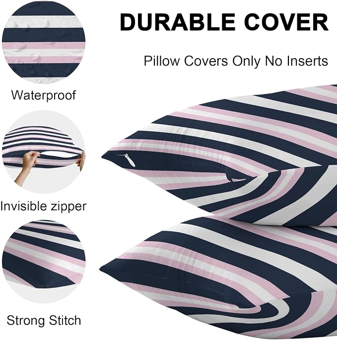 Pink Navy Blue Striped Outdoor Pillow Covers Waterproof, All Weather Cushion Case Set of 2, Minimalist Abstract Lines Artwork Lumbar Pillowcase for Sofa Couch Bed Decor Patio Furniture 20"x12"