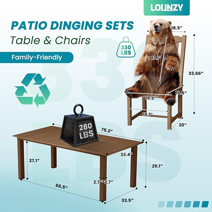 LOUNZY 9 Pieces Patio Dining Sets, Outdoor HDPE Furniture Set for 8 w/ 2" Hole Cut-Out Dining Table with 8 Armless Patio Chairs for Pool, Lawn and Garden,Brown