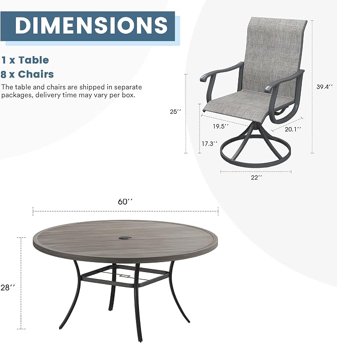 DIFY Outdoor Dining Set for 8, 9 Piece Patio Table and Chairs Set, Swivel Patio Dining Chairs with Grey Textilene & 60" Grey Wood-Like Round Metal Dining Table with Umbrella Hole, for Garden Backyard