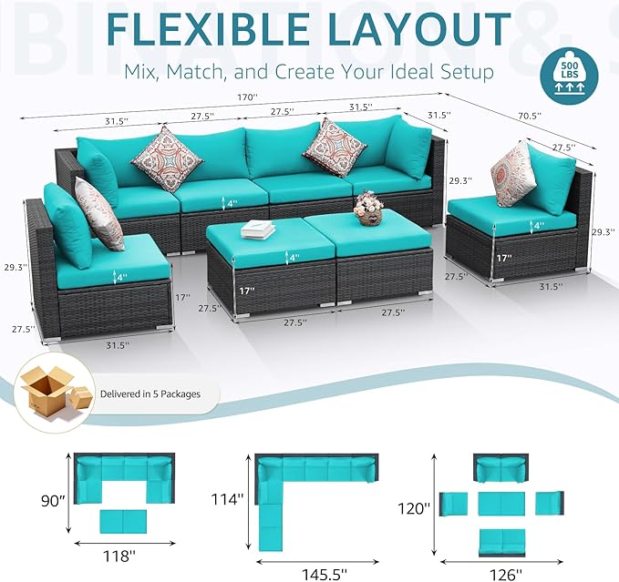 NICESOUL 8 People Outdoor Seating Furniture, 29.3'' High Back Comfortable Wicker Patio Sectional Sofas with Ottoman, Deep Seats Oversized Conversations for Exteriors, 2 Color Cushion Turquoise & Gray