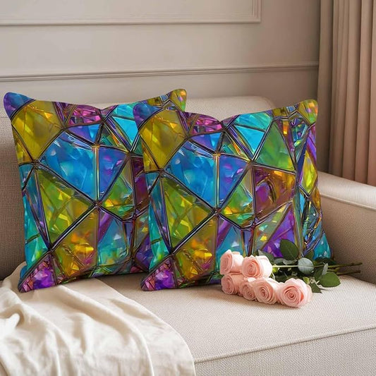Abstract Geometric Outdoor Waterproof Pillow Covers Set of 2, Rainbow Gradient Crystal Color Blocks Modern Pillowcase Decorative Throw Cushion Cases for Patio Garden Couch 26 x 26 Inches