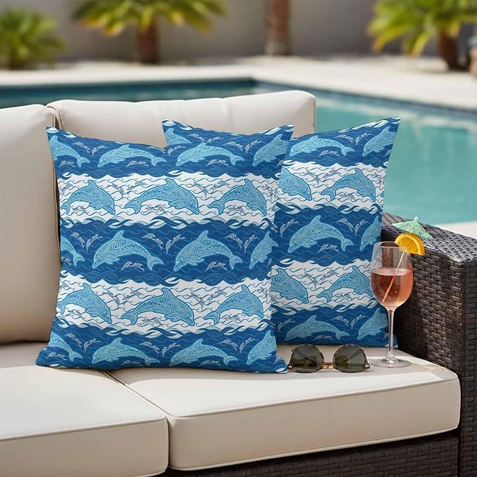 Waterproof Pillow Covers Set of 2,Summer Sea Dolphins Outdoor Pillow Protectors with Zipper Pillowcases for Patio Tent Garden Beach 18x18 Inches Blue White Waves