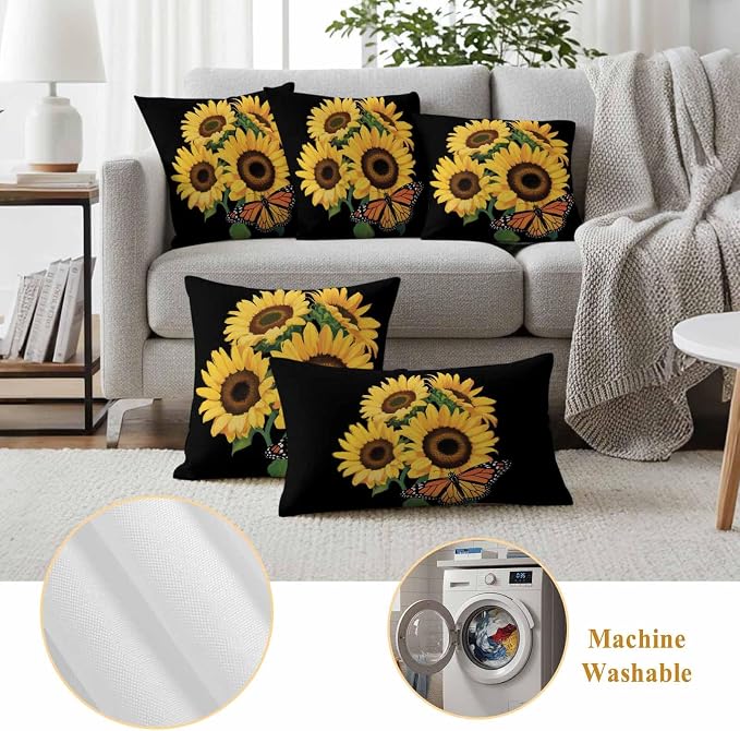 Outdoor Waterproof Throw Pillow Covers Set of 2 Watercolor Sunflower Pillowcases 20x20 Inches Summer Floral Butterfly Decorative Pillows Cushion Case Patio Pillows for Couch Bed Chair Garden
