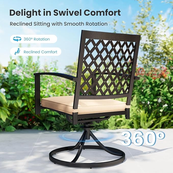 PHI VILLA 7 Pcs Outdoor Dining Set for 6&83" Rectangle Metal Steel Table | Swivel Wrought Iron Chairs with Cushions, Outside Furniture Set for Patio, Deck, Yard, Porch