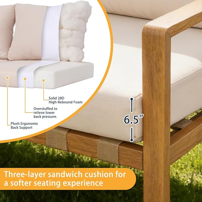 4-Piece Outdoor Patio Furniture Set, All-Aluminum Frame with Wood Grain Finish, Cushioned Loveseat, 2 Armchairs & Plastic Wood Coffee Table, Modern Patio Seating for Backyard & Balcony