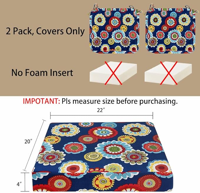 Magpie Fabrics Indoor Outdoor Patio Replacement Cushion Cover with Ties 2 Pack, Loveseat Chair Couch Slipcover Water Repellent UV Resistant Decor for Home Garden(Heronsbill Navy, 22x20x4 Inch)