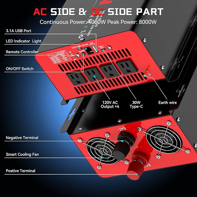 OLTEANP 4000 Watt Power Inverter 12V DC to 110V AC Car Inverter with 4 AC Outlets, 30W Type-C Port, 3.1A USB Port, Remote Controller on LCD Screen, Peak 8000W Car Converter for Truck,Vehicles,Trip