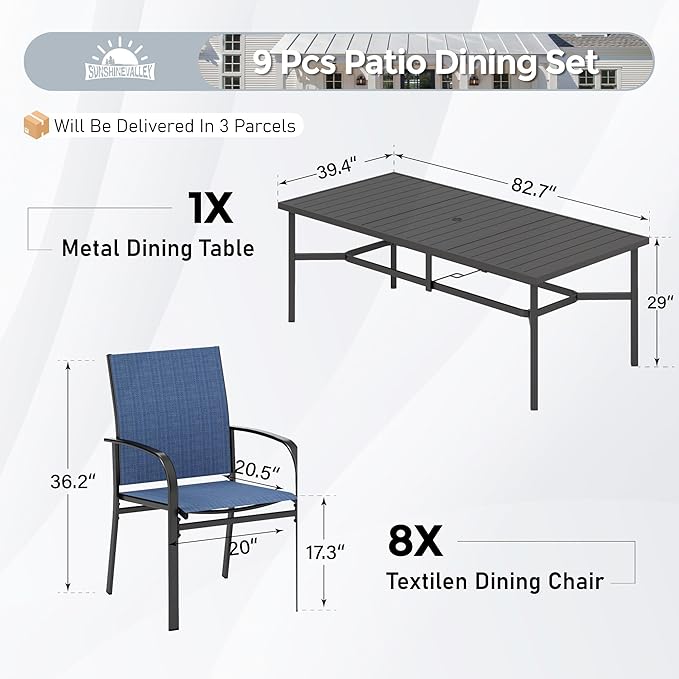 SUNSHINE VALLEY Patio Dining Set 9 PCS, 8 Stable Outdoor Dining Chairs with Rectangular Dining Table, Patio Table and Chairs Set for Lawn,Garden,Deck and Backyard
