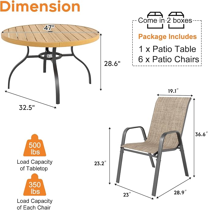 Outdoor Patio Dining Set for 6, 7 Pieces Patio Table and Chairs Set with Umbrella Hole, 47"x 47" Round Metal Wood-Grain Dining Table Set with 6 Stackable Patio Chairs for Deck , Backyard, Porch