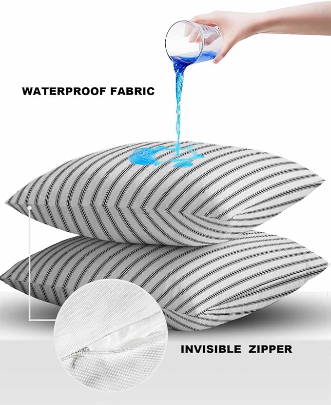 Outdoor Waterproof Throw Pillow Covers Set of 2 Black Stripe Pillowcases 24x24 Inches Vertical Striped Patio Decorative Pillows Cushion Case Patio Pillows for Couch Bed Chair Garden