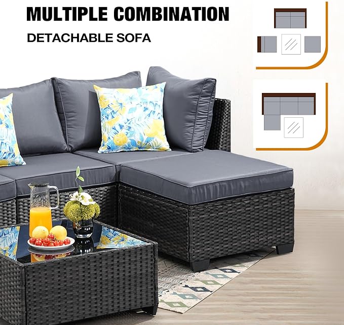 JOYURE 5 Pieces Patio Furniture Set All-Weather Outdoor Wicker Sectional Conversation Sofa Rattan Patio Seating Sofa with Cushion and Glass Table for Porch Poolside,Grey