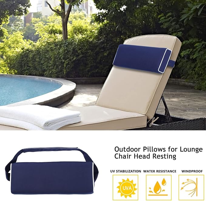 Enipate Outdoor Chaise Lounge Head Pillow, Pack of 2 Water Resistant Headrest Pillows with Elastic Band for Pool Patio Chairs