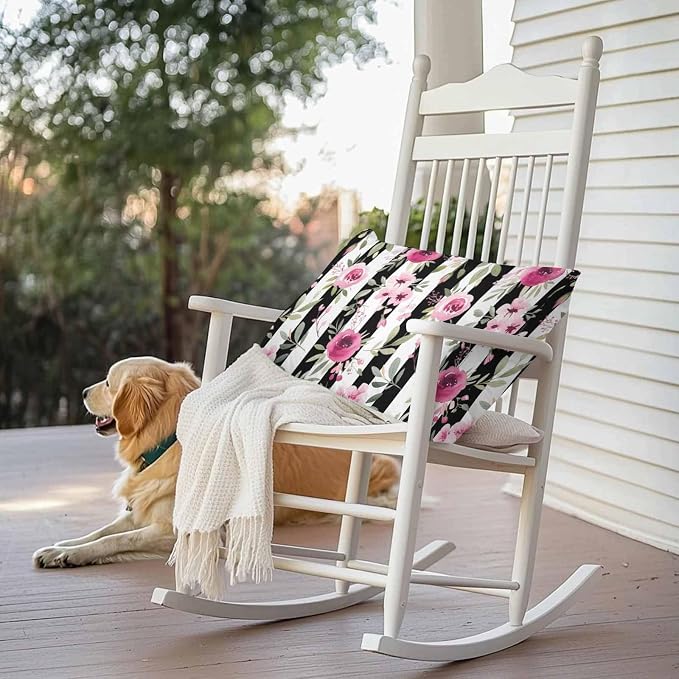 Vandarllin Outdoor Throw Pillows Covers 20x12 inch Set of 2 Waterproof Pink Flowers Decorative Zippered Cushion Covers for Patio Furniture, Floral Leaves Black Stripes Lumbar Pillowcases