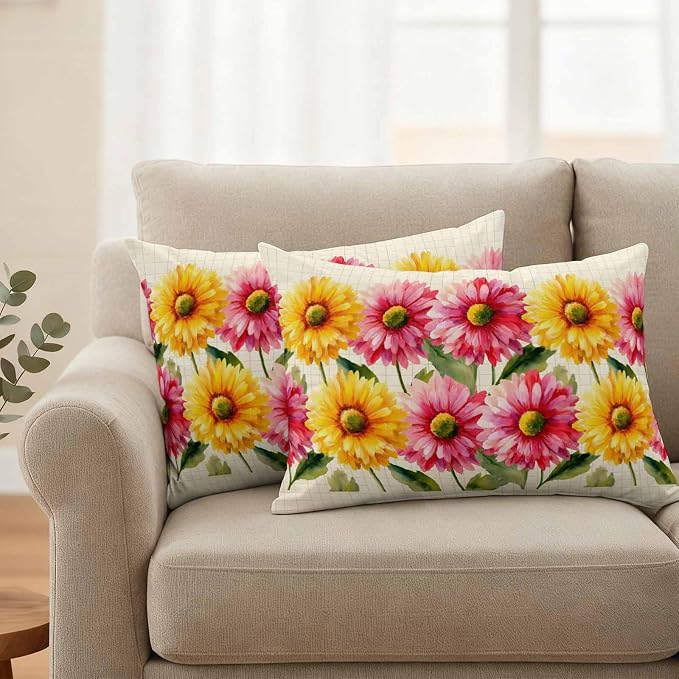 Yellow Pink Daisy Outdoor Pillow Covers 20"x12" Set of 2, Rustic Farmhouse Boho Yellow Plaid Waterproof Throw Pillow Covers for Patio Furniture, Decorative Cushion Covers for Porch
