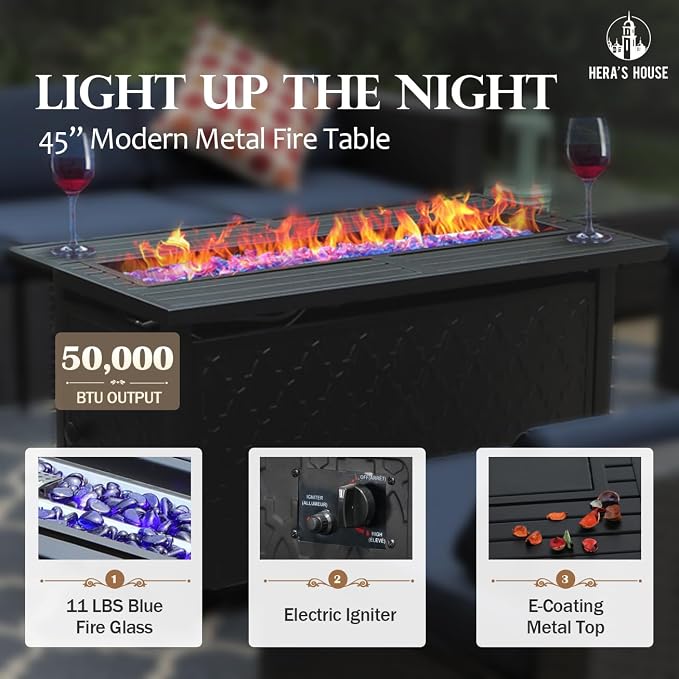HERA'S HOUSE 4 Pieces Patio Furniture Set with Fire Pit Table, 2 x Rocking Chair, 3-Seat Sofa with 45" Fire Pit Table, Outdoor Conversation Set for Garden, Poolside, Backyard, Blue