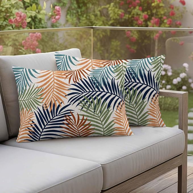 Outdoor Waterproof Throw Pillow Covers, Colorful Palm Leaves Decorative Pillow Cases, Summer Botanical Tropical Leaf Couch Pillow Protector Patio Sofa Cushion Covers Replacement 20"x12" 2 Pack
