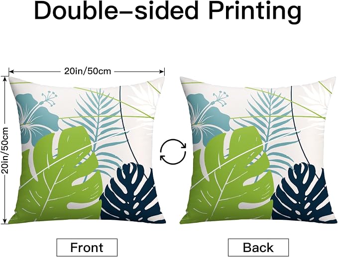 OTOSTAR Outdoor Waterproof Throw Pillow Covers 20x20 Inch Set of 2 Double-Sided Light Green Blue Tropical Leaf and Flower Spring Summer Decorative Pillow Cases for Patio Funiture Garden Balcony Couch