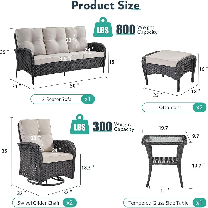 6 Piece Patio Furniture Set - Wicker Patio Conversation Set with Swivel Glider, 3-Seater Sofa, Tempered Glass Side Table and 2 Ottomans for Deck Backyard - Black Wicker Beige Cushion
