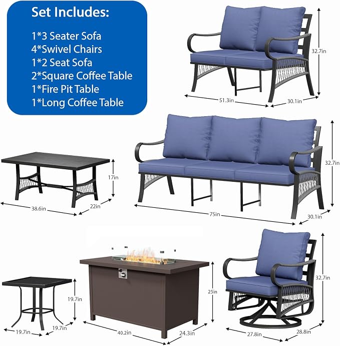10 Piece Patio Furniture Set, All Weather Metal Outdoor Conversation Set with 50000 BTU Propane Fire Pit Table and 5" Thick Cushions, Sectional Sofa for Garden, Porch, Lawn, Blue