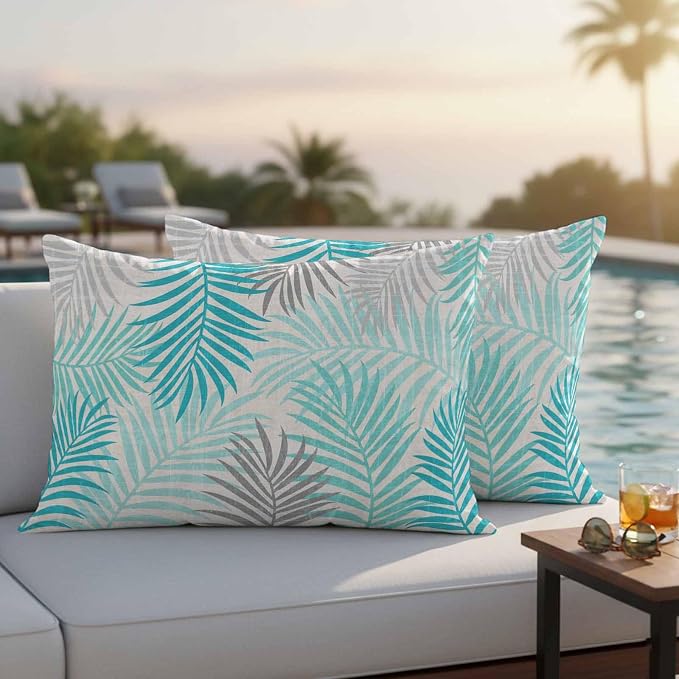 Outdoor Waterproof Throw Pillow Covers, Teal Grey Palm Leaves Decorative Pillow Cases, Summer Botanical Tropical Leaf Couch Pillow Protector Patio Sofa Cushion Covers Replacement 20"x12" 2 Pack