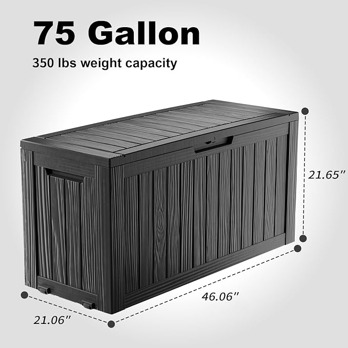 75 Gallon Waterproof Outdoor Storage Box,Resin Deck Box,Lockable Outside Storage Box Container for Patio Furniure,Garden,Pool Tools (75 Gallon,Black)