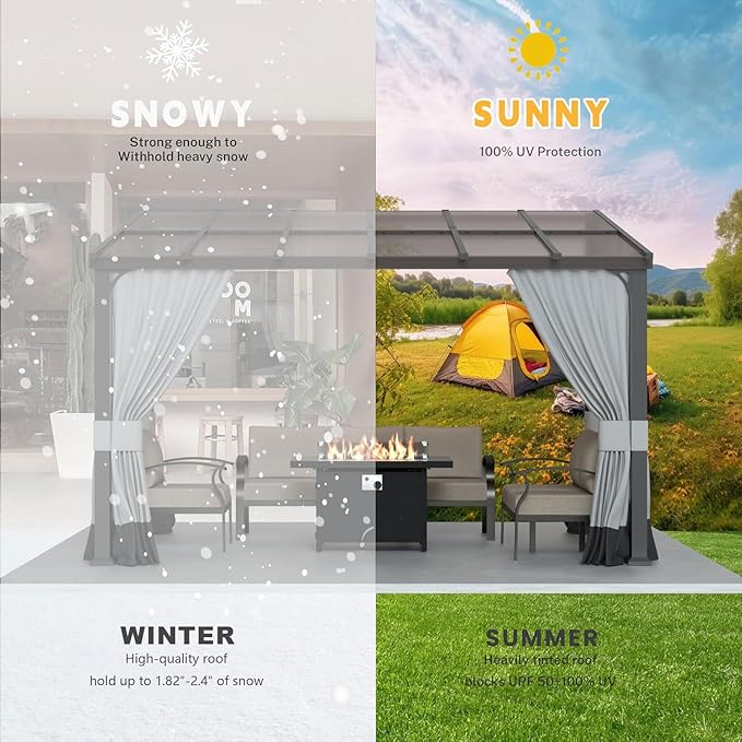 10' x 12' Lean to Gazebo,Large Wall Mount Heavy Duty Gazebos Pavilion,Outdoor Hardtop Pergola Shelter with Curtains and Netting,Sunshade for Patio Garden Lawn Backyard Deck,Grey
