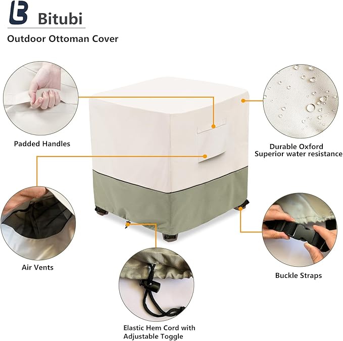 Bitubi Waterproof Patio Ottoman Cover, Heavy Duty Square Outdoor Side Table Furniture Covers Size 25L x 25W x 18H inch (Beige)