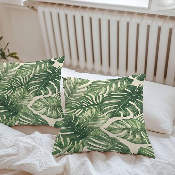 Green Tropical Leaves Waterproof Outdoor Pillow Covers Set of 2 Home Decor, Farmhouse Summer Leaf Plants Pillowcase Patio Pillow Covers for Couch Bench Furniture Garden 18x18in