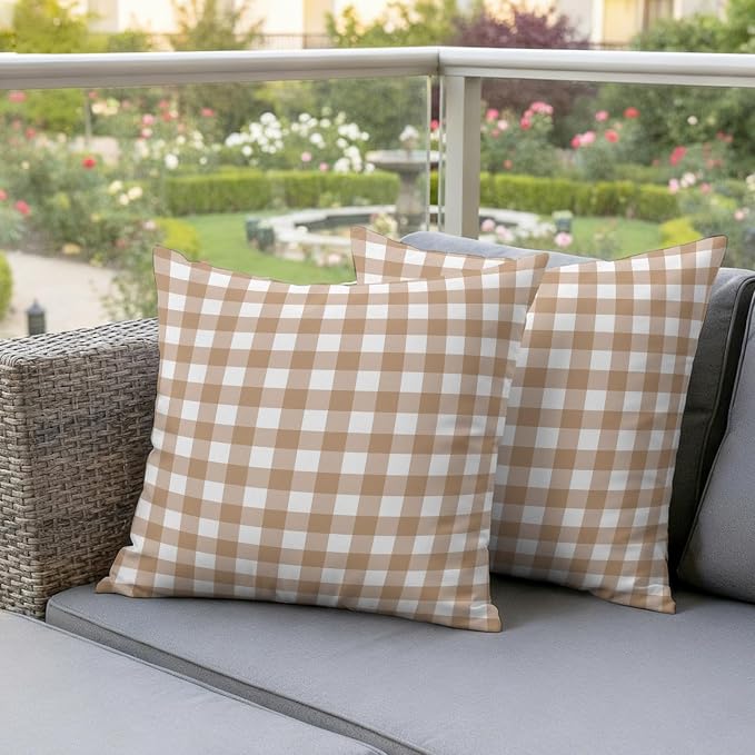 Brown Checks Outdoor Pillow Covers 20"x20" Set of 2, Beige Rustic Gingham Plaid Abstract Modern Waterproof Throw Pillow Covers for Patio Furniture, Decorative Cushion Covers for Porch