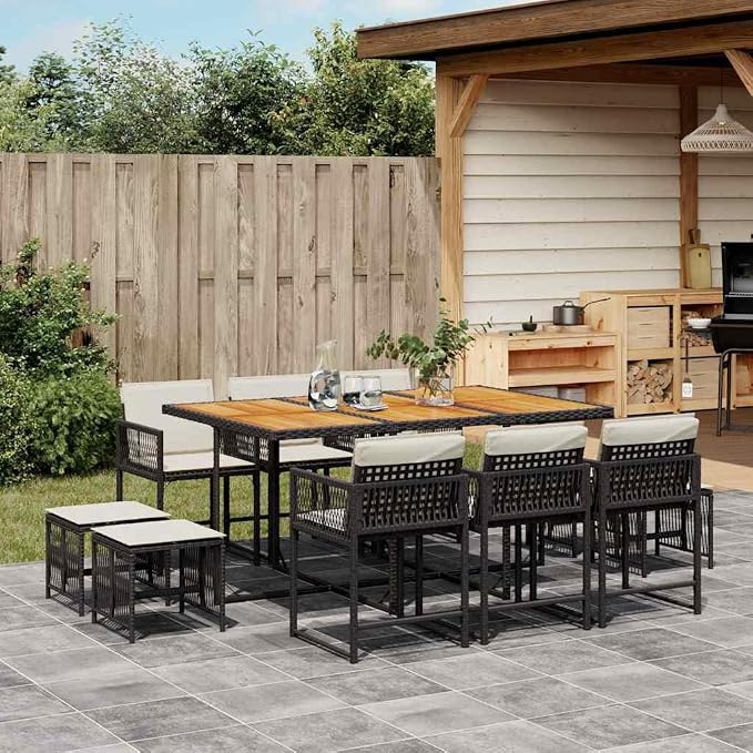 11 Piece Outdoor Dining Set 10-Seater Patio Furniture Garden Table and Chairs with Cushions Black Poly Rattan