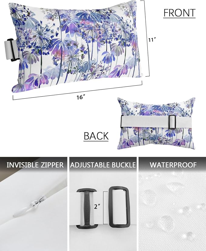Outdoor Pillows Waterproof Covers Set of 2, Blue Dandelion Adjustable Elastic Chaise Lounge Headrest Pillow Covers, Spring Bloom Flowers Lumbar Pillow for Pool Beach Patio Furniture 11x16 Inch