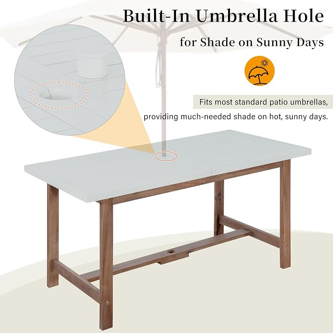 5 Piece Outdoor Dining Set for 4, 59.06" Rectangular Table with Umbrella Hole and 4 Chairs, Acacia Wood Dining Set for Patio, Lawn, Garden, Poolside & Indoor Use, Light Brown+Light Grey