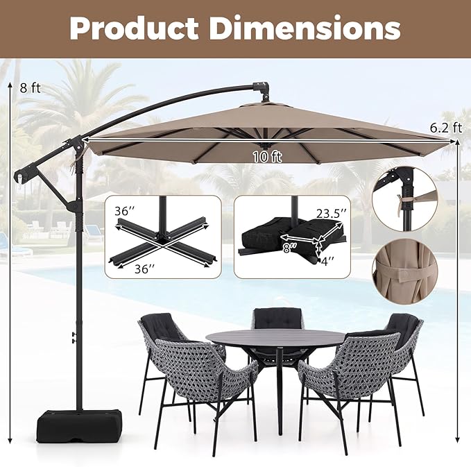 Tangkula 10ft Patio Umbrella with Base Included, Offset Cantilever Outdoor Umbrella with 360 Degree Rotation, Crank Handle, Sun-Protective Canopy for Pool Deck Garden Backyard (Tan)
