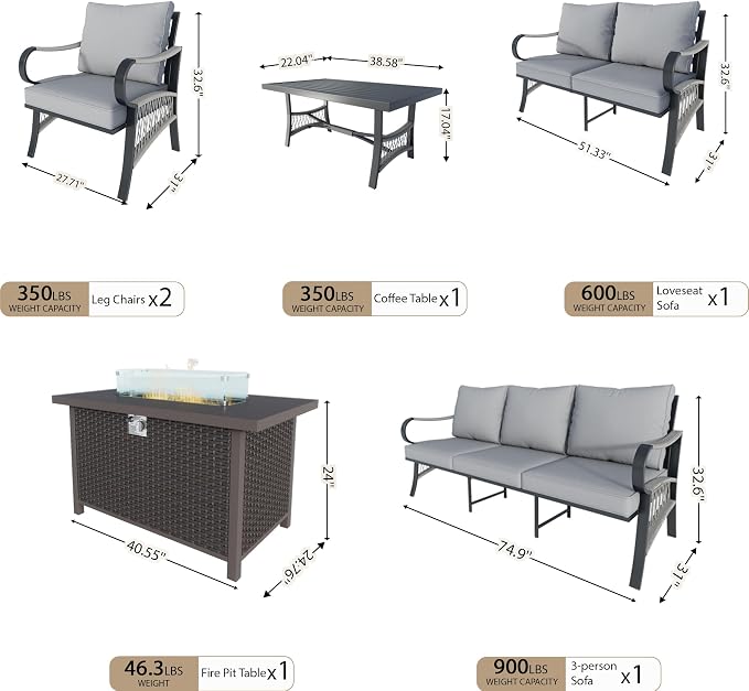 6 Pieces Patio Furniture Set, Metal Outdoor Conversation Sets with Fire Pit Table for Backyard Garden Deck Porch Poolside (Thick Gray Cushions)