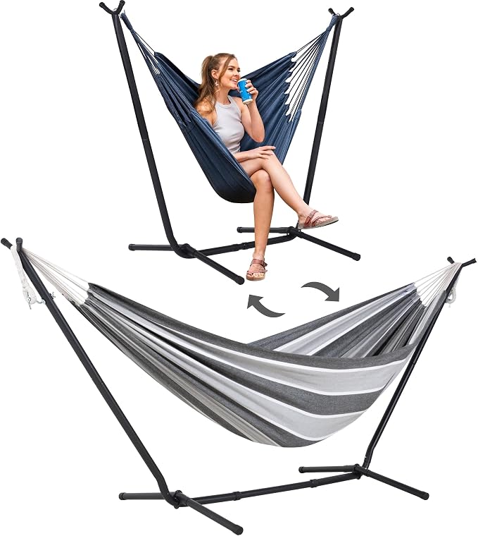 SUNCREAT 2-in-1 Convertible Backyard Fabric Hammock with Stand, Large Hammocks for Outside, Light Gray & Dark Gray