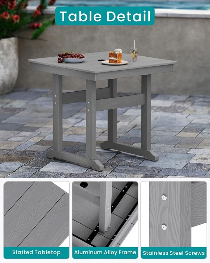 5-Piece HDPE Outdoor Patio Dining Set (Includes 1 Square Table and 4 Chairs) (All-Weather, Easy to Assemble, Umbrella Hole, 10+ Years of Lifespan) - Grey