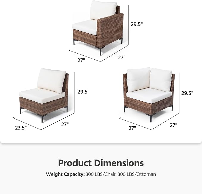 LAUSAINT HOME 6 Pieces Outdoor Patio Furniture Set, PE Wicker Sectional Conversation Sofa with Adjustable Backrests, Storage Ottoman & Wood Table with Umbrella Hole, Beige